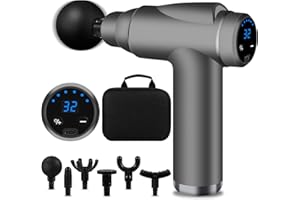 BUOAZR Pistola Massaggio Muscolare, 32 Velocità 3500RPM con 6 Testine, Mini Massage Gun con Display LCD, 1800mAh, Portatile Massaggio Pistola Elettrico Silenzioso per Rilassare i Muscoli(Grigio)