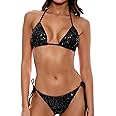Women's Shiny Triangle Bikini Set Sequin Halter String Backless Tie Side Two Piece Swimsuit Bathing Suit