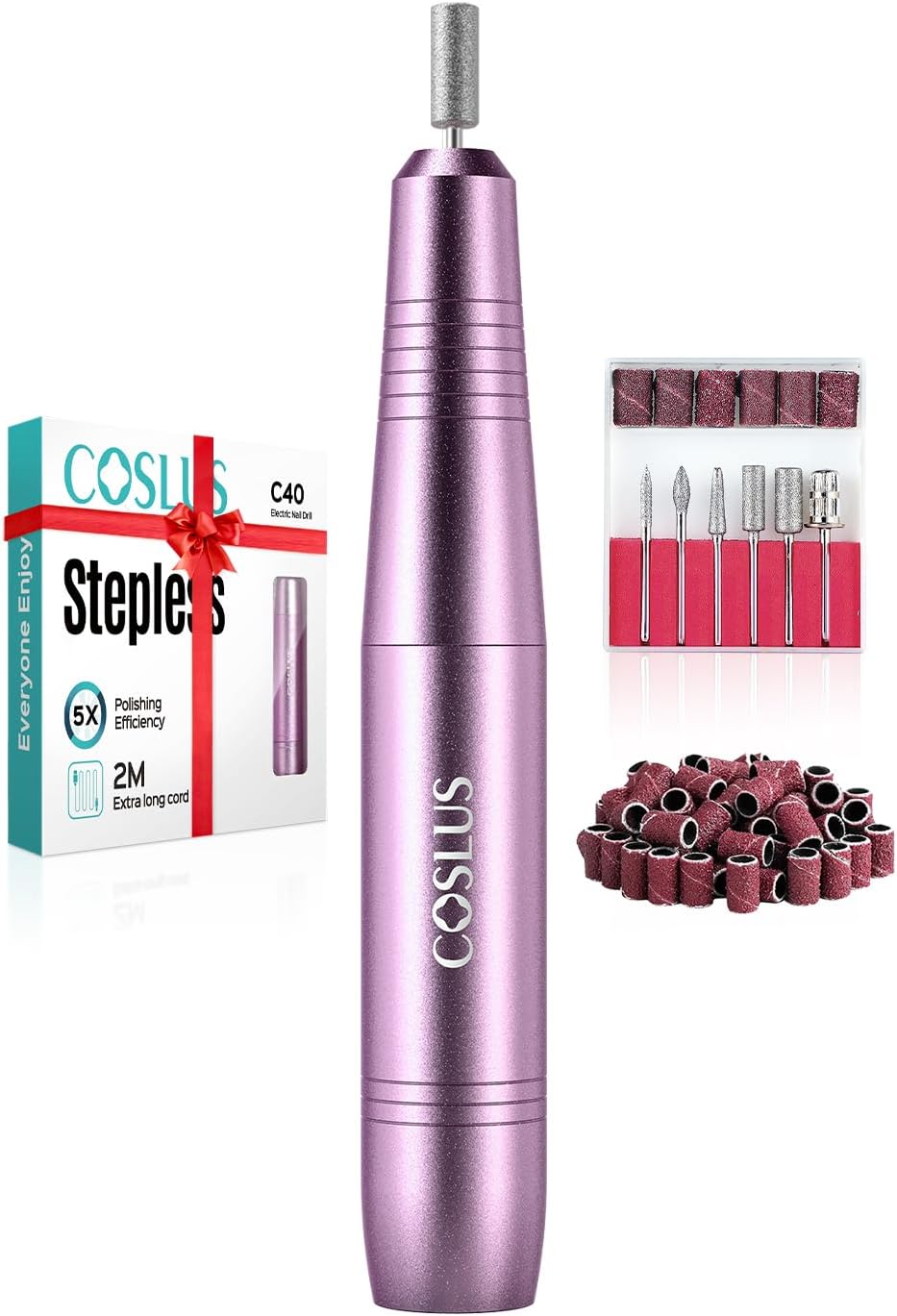 COSLUS C40 Electric Nail Drill, Nail Files for Gel Acrylic Nature Nails, Adjustable Speed 0-20000RPM, Portable Manicure Pedicure Set with 6 Drill Bits 31 Sanding Bands, E File Beginner Girl Women Mum