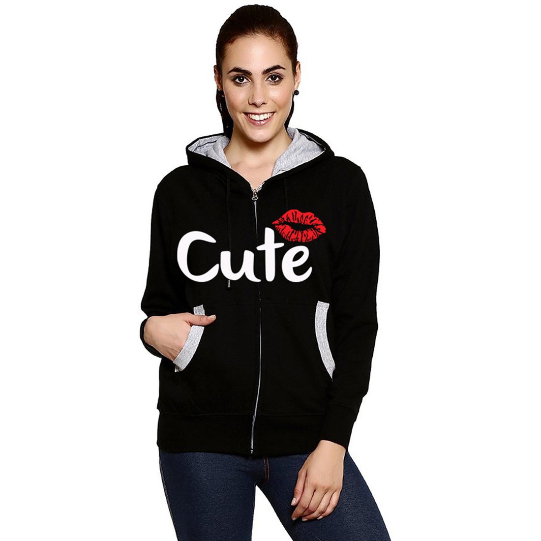 Printed Cotton Hoodies-Cute Black 