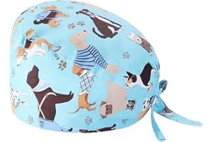 Tomedeks Scrub Cap,Surgical Cap,Printed Bouffant Turban Cap,Adjustable Cotton Working Hat,Medical Scrub Caps Women With Button Closure,Cotton Scrub Hat,Tie Back Head Cover for Women Men(Puppy/B)