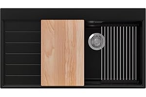 PRIMAGRAN Evier Cuisine en Granit Noir 90x50cm, Lavabo 1 bac + Kit de Vidage + Accessoires, Évier à Encastrer al mueble 60cm - Sydney S411