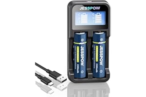 JESSPOW 2 Pack 18650 Rechargeable Battery with Charger, Universal Charger for 3.7V Rechargeable Batteries 14500 18500 17500 (Button Top Type)