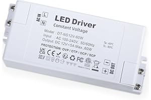 YAYZA! Transformateur 220v 12v LED, LED Driver 60W IP44 5A Adaptateur de Pilote LED, Mini Alimentation LED de Tension constante, Convient pour écran LED et Ampoules LED G4, MR11, MR16