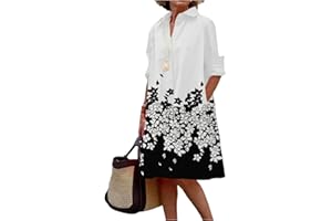 FRESQA Vestido Camisero Liso para Mujer, Moda de Verano, Informal, con Cuello Vuelto y Bolsillo, Vestidos por Debajo de la Rodilla de Manga Larga, Vestidos Sexis de Lunares para Mujer