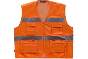 TEAMWORK WorkTeam Chaleco tipo Safari de ALTA VISIBILIDAD con Cintas Reflectantes. Unisex Naranja A.V. M