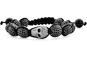 BLING JEWELRY Biker Jewelry Hip Hop Goth Punk Rock Blanc Cristal Disco Ball Cuir Skull Bracelet Pour Hommes Adolescents Cordon Noir Ajustable