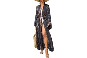 L-Peach Damskie kwieciste haftowane kimono, długa letnia sukienka maxi, na plażę, okrycie górne boho