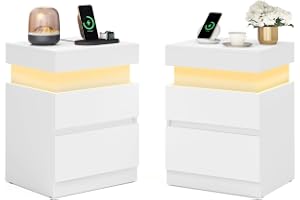 VASAGLE KAILYN Kollektion - Sängbord, 2-pack, sidobord med eluttag, skjutlock, 2 lådor, LED-belysning, litet bord, modernt, 3