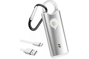 Qoosea Allarme di Sicurezza Personale Ricaricabile con Moschettone - 135dB, Sensore Vibrazione, Luce Strobe & Tasto Emergenza per Viaggiatori Business, Zaino in Spalla, Donne, Uomini(Bianco Argento)