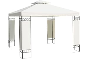 Outsunny Carpa 3x3m con Techo Ventilador Postes de Acero Estable para Exteriores Patio Jardín Pabellón Cenador Estructura Metálica Anti-UV Color Crema