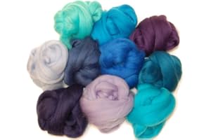 THE WOOL BARN Blue Merino Wool roving/Tops. A Mix of 10 Aqua Blue Colours. Great Yarn for Craft Projects. 60gm Pack, Arts and Craft Supplies