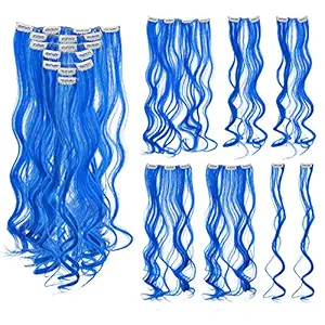 20-Inch Curly, Blue : SWACC 7 Pcs Full Head Party Highlights Clip on in Hair Extensions Colored Hair Streak Synthetic Hairpieces (20-Inch Curly, Blue)