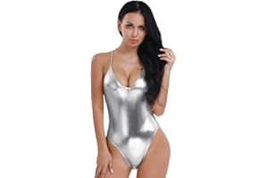 JEATHA Womens Patent Leather Bodysuit Glossy One Piece Bikinis Leotard Beachwear Monokini Metallic Swimsuits