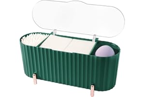 CGBE Cotton Bud Holder, 3 Compartments Qtip Holder Cotton Swab Dispenser With Lid, Cosmetic Beauty Organiser Bathroom Canisters Storage for Cotton Ball, Cotton Pads, Hair Accessories, Green