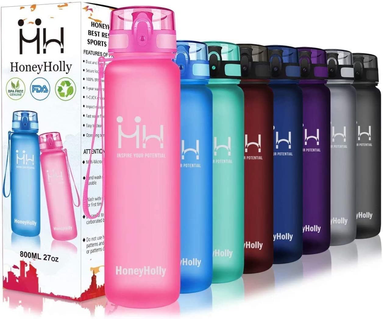 HoneyHolly - Botella deportiva (350/500/800 ml, 1/1,5 L, sin BPA, botella de agua, botella de bicicleta, botella de agua para niños, fitness