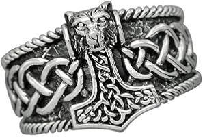 Treasure Bay Anillo vikingo de plata 925 con diseño de lobo y martillo de Thor, para hombre, anillo nórdico escandinavo vikingo punk para hombre