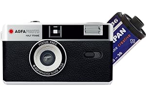ANTONKUNZE AgfaPhoto analogowy aparat fotograficzny 35 mm 1/2 format czarny w zestawie z czarno-białą folią negatywną + baterią