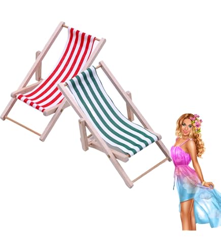 2 Miniatur-Strandstühle Aus Holz – Klappbar, Rot & Schwarz Gestreift, Für Puppenhaus & Deko