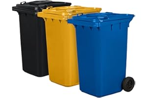 IMJ-GLOBAL Juego de 3 cubos de basura para basura PN-EN 840, de 240 litros, con ruedas, sistema de enganche para extracción mecánica, de plástico, negro, amarillo, azul