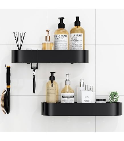 5 Mensole Doccia Senza Fori – Set Organizer Bagno Con Portasapone Adesivo – Ripiani In Acciaio Inox, Capacità Portante 20kg – Colore Nero - 2
