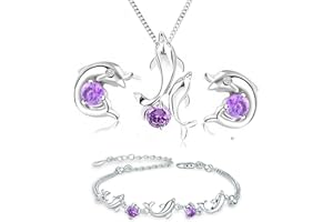 baobei dolphin Jewellery Sets for Women, sterling silver Amethyst dolphin necklace,dolphin bracelets dolphin dangle earrings sets for Girls friendship birthday gift, jewellery gifts for women