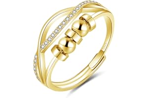 Bewenda Silber Anxiety Ring, 925 Sterling Silber Angst Ringe für Frauen Damen, Verstellbar Bead Spinner Fidget Ring mit Zirkon, Offen Einstellbar Anti Stress Ringe, Dekompressionsringe mit 5 Perlen
