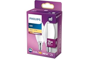‎PHILIPS PHILIPS LED Classic E14 Lampe, 25 W, Kerzenform, dimmbar, matt, warmweiß, 2er Pack, Weiß