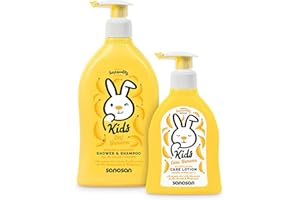 ‎SANOSAN sanosan 2in1 Dusche & Shampoo & Pflegelotion - Banane Pflegeset für Kinder mit Bio Olivenextrakt & Milchprotein - Duschgel, Haarshampoo, Lotion - Haarpflege & Hautpflege