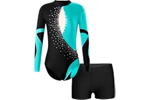 ranrann Enfant Fille Justaucorps Gymnastique Brillant avec Short Ensemble Danse Gym Strass Costume Spectacle Tenue 5-14 Ans