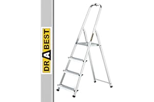 Drabest Escabeau 4 Marches en Aluminium - Capacité 125 KG - Barre de Sécurité en Haut de l’Escabeau Et Plateforme De Travail - Construction Robuste - Pieds antidérapants - Échelle multifonctionnelle