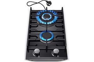 Piano cottura 2 fuochi gas, TopStrong 30 cm Piano cottura, Fornello a Gas Butano con Bruciatore Wok, GPL/Gas naturale, Valvole di Sicurezza, Supporto in Ghisa, Vetro Temperato Nero, Incasso, 5200 Watt