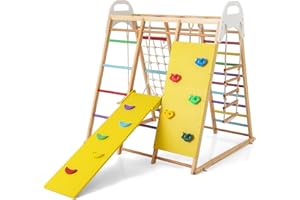 RELAX4LIFE 8 in 1 Triangolo da Arrampicata Multifunzione, Parco Giochi in legno Massello con Scivolo, Altalena e Lavagna, Centro Attività per Bambini 1 a 5 anni (Modello 4 Colorato)