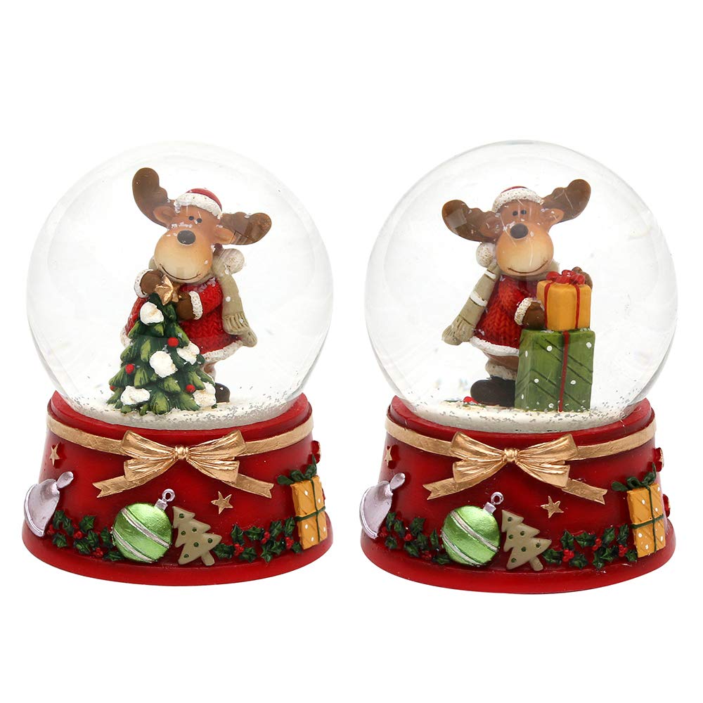 Schneekugel Mit Elch & 'Merry Christmas' – Roter Sockel, Ca. 9,5 X 6,5 Cm, Festlicher Weihnachtsschmuck