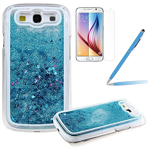 Galaxy S3 Glitzer Hülle, Felfy Samsung Galaxy S3 Kreativ Luxury Flüssig Fließende Sparkly Bling Stern Blau Quicksand Haut Tasche Back Case Cover Etui + 1x Blau Metall Stylus Touch Pen + 1x Displayschutzfolie