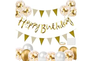 IWHEAT Geburtstag Dekoration Set, Weiß Gold Luftballons Geburtstagsdeko, Party Deko Geburtstag Set mit Happy Birthday Banner Girlande Luftballons Konfetti Ballons Dreiecksflaggen für Geburtstag Deko Supplies