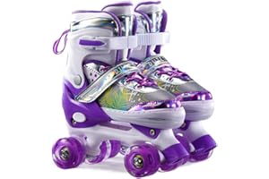 EALINGMOON Rollschuhe für Mädchen Kinder 3-12 mit Leuchtenden Rädern,4-Pejiijar Verstellbar Anfänger Quad Roller Skates für Weihnachts und Geburtstags Geschenke
