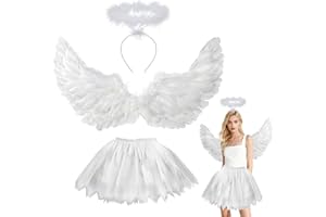 YeahBoom 3-stück Weiß Engel Kostüm Damen, 60cm Engelsflügel Erwachsene mit Heiligenschein, 70-110cm Tüllrock Damen, Engelsflügel und Halo für Halloween, Karneval, Cosplay, Party, Fasching, Kostümparty