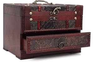 ERKIC Kudoo Ozdobne pudełko skarbów, vintage drewniane pudełko na biżuterię dla dziewcząt kobiet, drewniane pudełko do przechowywania z lustrem do przechowywania pierścionków pudełko na biżuterię