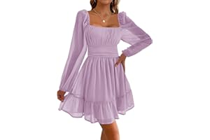 Imily Bela Damen Kleider Square Neck Partykleid Mesh Minikleid High Waist Falten Langarmkleid Hochzeitsgast mit Rüschen