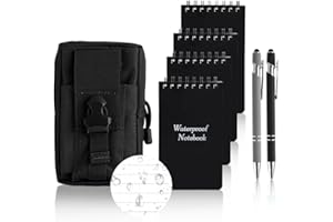 QLFJ-FurDec 4PCS Wasserdichtes Notizbuch Mini Notizblock, 1PCS Molle Tasche und 2PCS Kugelschreiber, A7 Pocket Write in the Rain Notizbücher mit Spirale, 13x7.7cm Kleiner Field Notes (Schwarzes Set)