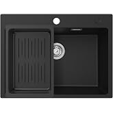 CECIPA Kitchen Sink Black 60 x 45 cm, 1 Bowl with Strainer Basket, Granite with Classic Siphon and Overflow, for Base Cabinet