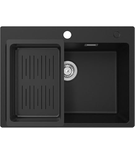 Fregadero De Granito Negro 56x47 Cm London Slim - 1 Seno XXL, Sobre Encimera, Incluye Sifón