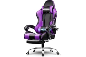 LUCKRACER Gaming Chair Massage With Footrest Ergonomic Computer Chairs High Back Support Height Adjustable Reclining Heavy Duty PC Chair (Faux Leather, Purple)