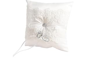HANIUTTY Ringkissen Hochzeit, 20cm Ehering-Kissen Ringhalter Hochzeit Brautkissen Träger Satin Ringkissen Spitze Blume Weiß Dekoriert für Verlobung Oder Eheringe