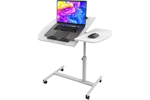 PIPIPOXER 60 x 40 cm, tavolo per computer portatile, regolabile in altezza, scrivania mobile con 2 barre di arresto e 4 ruote, tavolino girevole a 360, tavolino per divano, bianco