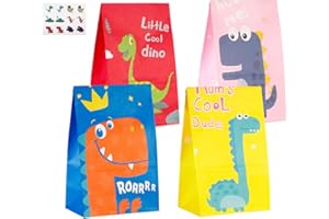 JOYUE 40 sztuk woreczków na prezent z dinozaurem, papierowe woreczki cukierkowe, kolorowa torba na imprezę z 72 naklejkami z dinozaurami, torba Kraft na słodycze, ciasteczka, orzechy, ślub lub