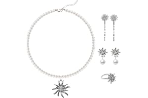 JJKOL 6 Stück Trachtenschmuck Set, Trachtenschmuck Damen Set, für Oktoberfest Damen Outfit Dirndl Schmuck, Oktoberfest Accessoires Oder, Edelweiß Halskette Ohrringe Ring Haarnadel
