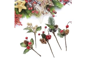 Feizeisun Christmas Foliage, 20 PCS Wrapping Accessories Present Toppers Artificial Christmas Foliage Berries Pine Cones Picks for Crafts Xmas Floral Arrangement Decorations