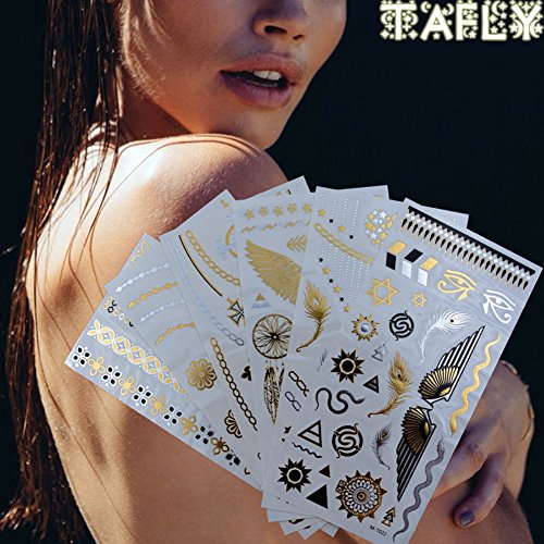 TAFLY Necklace Tempoary Tattoos Star Floral Assortment Glitter Metallic Gold Silver Temporary Flash Tattoos 6 Sheets